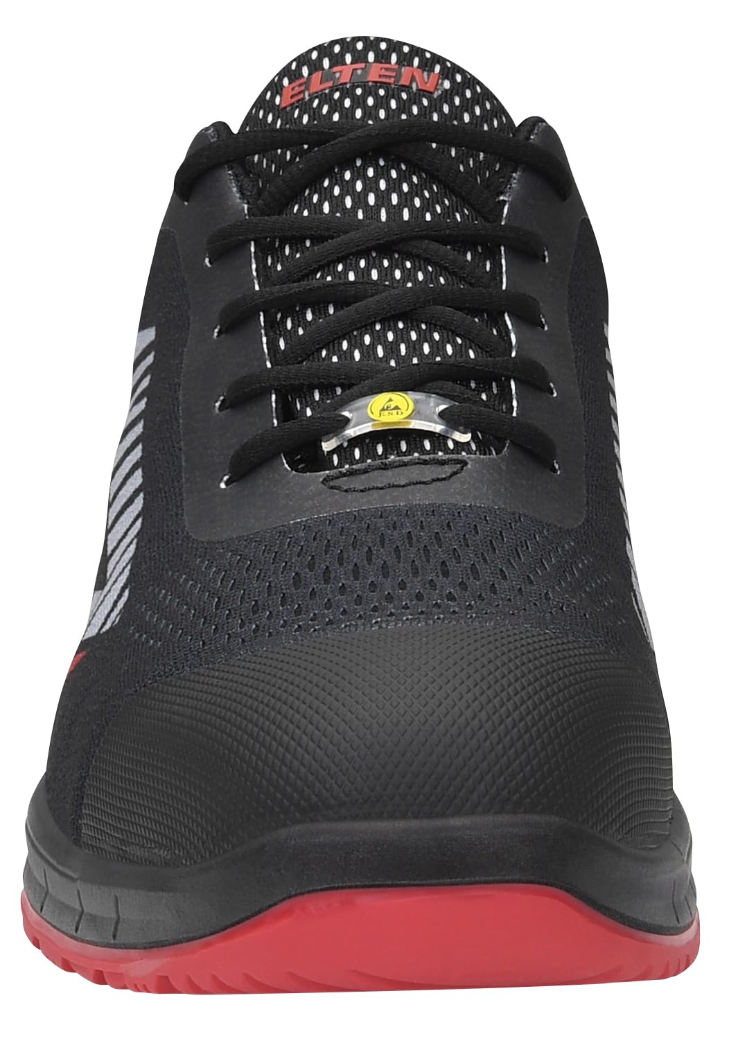 ELTEN Obuwie ochronne Larkin XXSports Black-Grey Low ESD S1P, dla kobiet i mężczyzn, tekstylne, stalowe noski, lekkie, sportowe, czarne/czerwone
