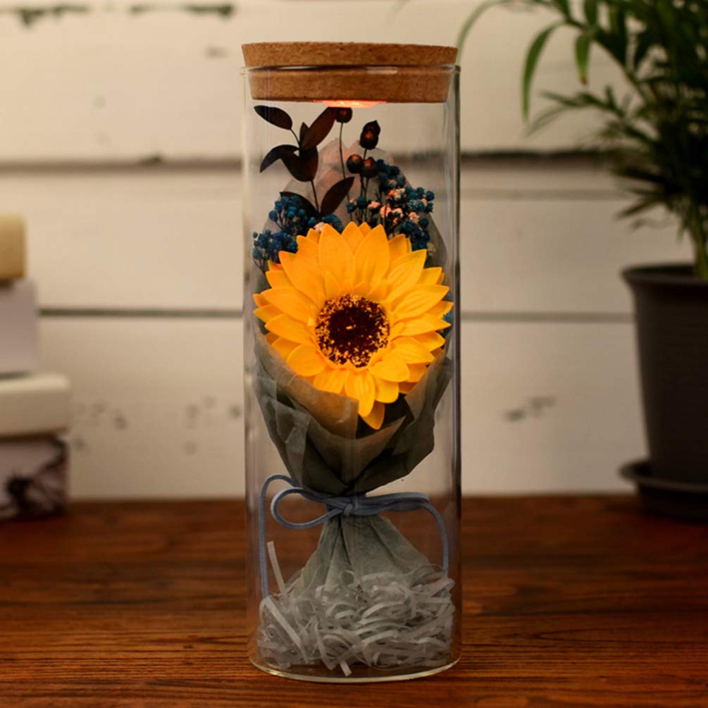 VALICLUD San Conservato Vero Fiore Eterno Giallo Girasole in Bottiglia Luce Notturna Led Luminoso Sapone Ornamento Floreale con per Matrimonio Capodanno Che Desidera Regalo