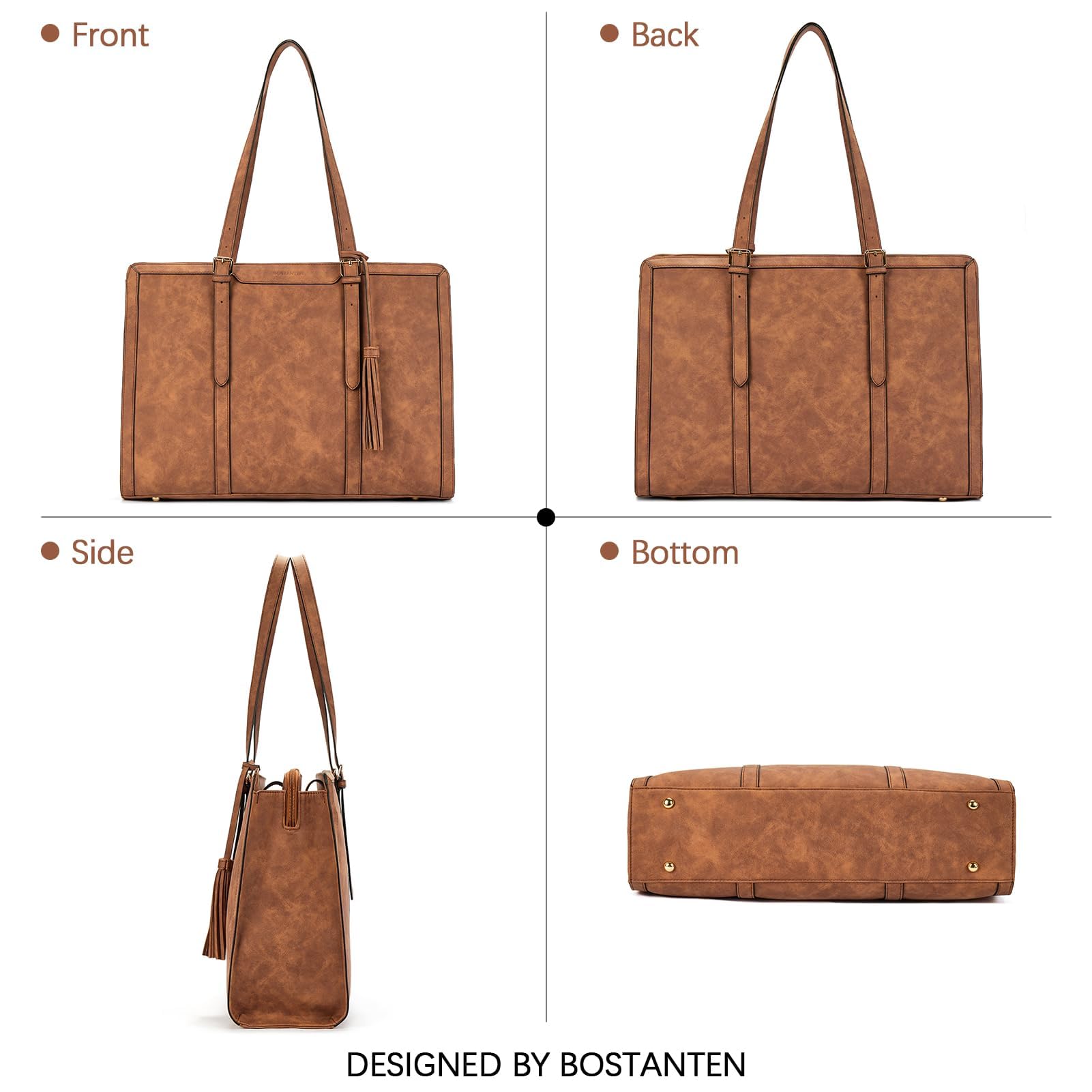 BOSTANTEN Damen Laptop Handtasche 15.6 Zoll Aktentasche PU Leder Schultertasche Frauen Businesstasche Große Shopper Tasche mit 3 Fächern,Braun