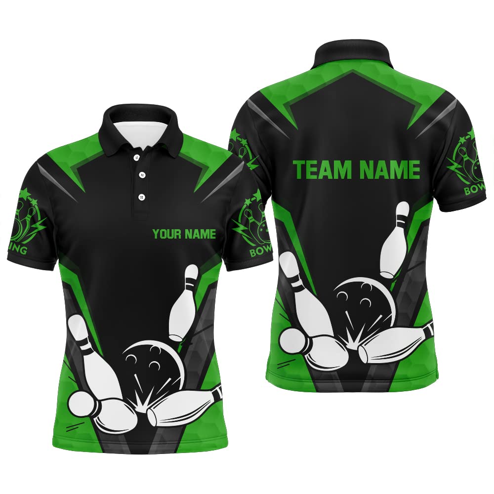 PIONAMZIOZ Black&Green Bowling Shirt Men and Women Custom Bowling Jersey Team League Bowling Polo&Quarter-Zip Shirt BDT18 (Men Polo)