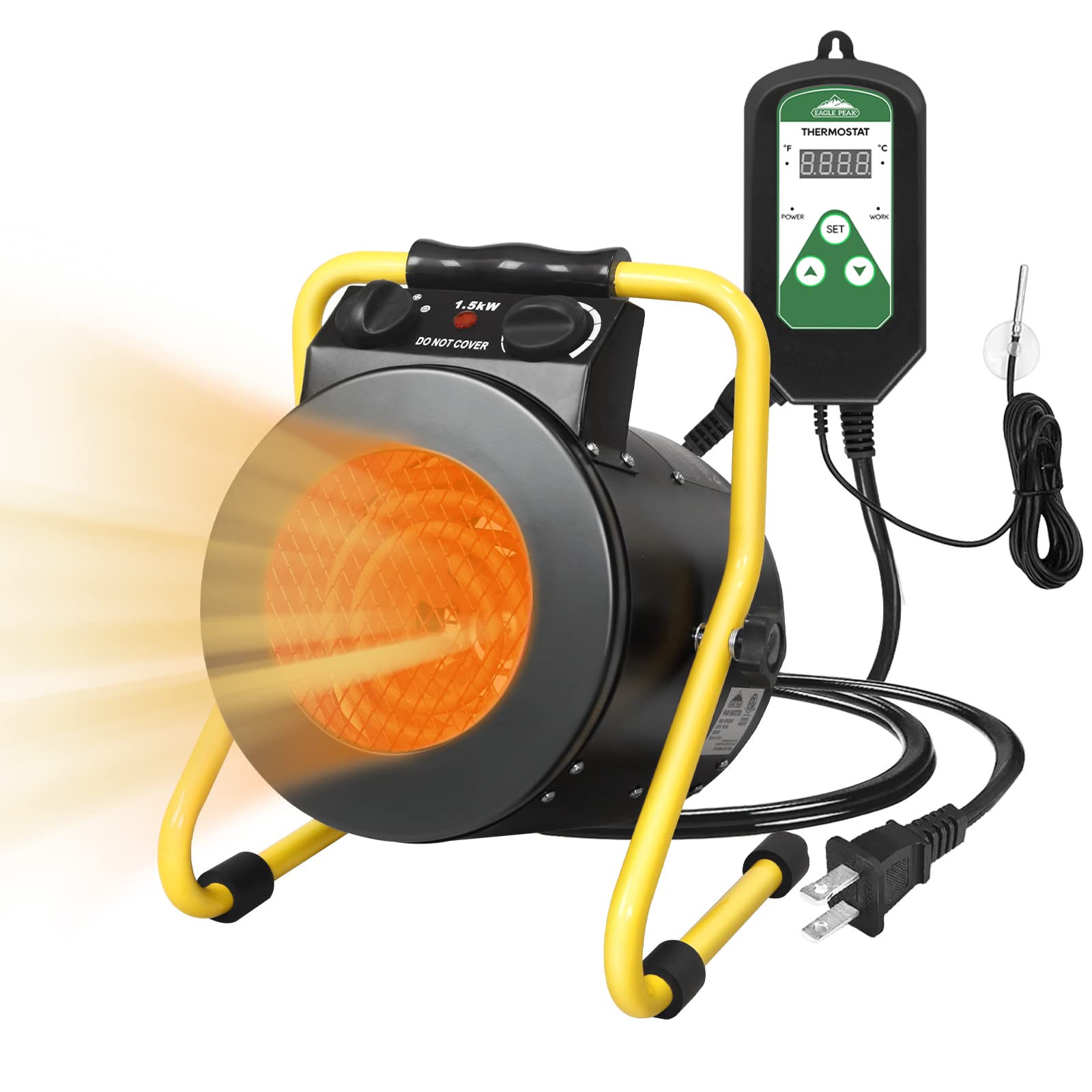 EAGLE PEAK Greenhouse Heater Fan for Greenhouse, Grow Tent, Garage, Spray Water Resistant IPX 4, Overheat Protection, Fast Heating, Black (Heater with Thermostat Controller)