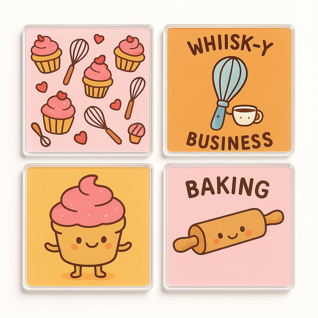 The Plum Penguin Baking Blissprints Acrylic Coaster Set Of 4 With Playful - Whimsical Kitchen Decor For Mum, Grandma, Daughter Delight