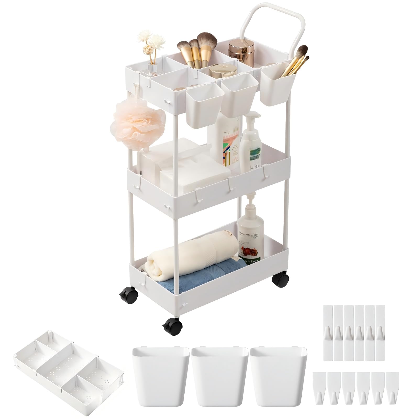 danpinera Carrello stretto per bambini, carrello da portata a 3 piani, carrello da cucina con pareti divisorie e ganci e bicchieri da appendere, carrello per nicchia per cameretta dei bambini, cucina