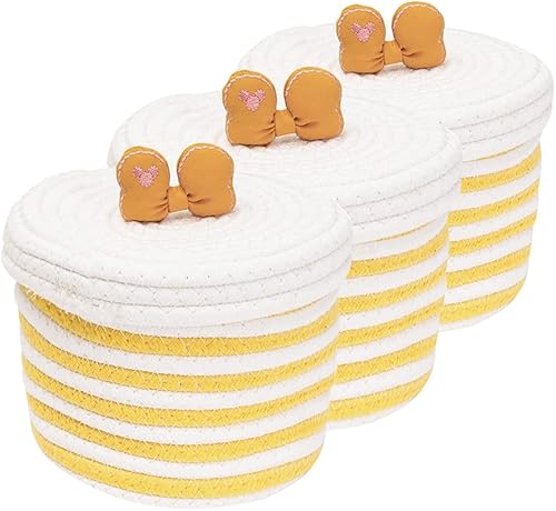 Tynulox Cesta pequeña tejida con tapa, bonita canasta de cuerda de algodón, canasta decorativa de juguetes para perros, gatos, cesta de regalo para
