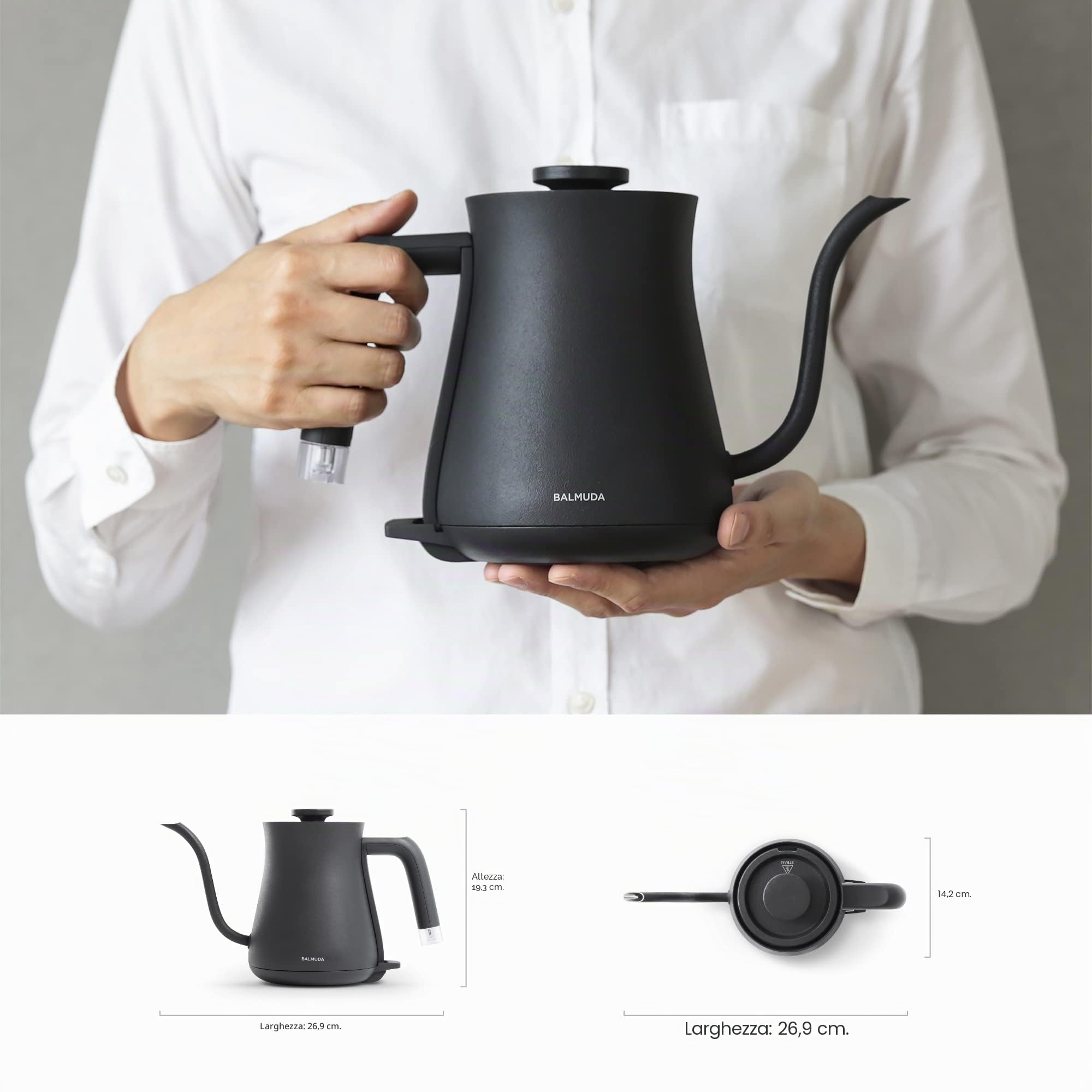 Balmuda Bollitore elettrico Collo di cigno Acciaio inossidabile 0,6 l Indicatore neon Tè e caffè K02H-BK Nero