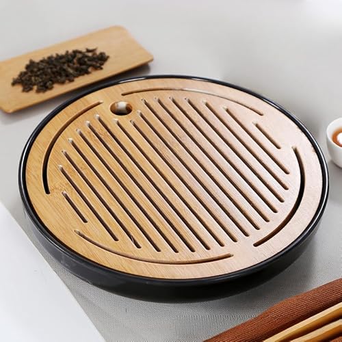Aoccqkf茶トレイ 排水 茶盤 竹の茶皿 丸型 茶台茶皿 貯水式茶盤 茶器 オフィス 茶台 茶托 中国茶器 茶台 茶器家庭用携帯トレー 收藏用 来客用 工芸 贈り物 (ブラック)