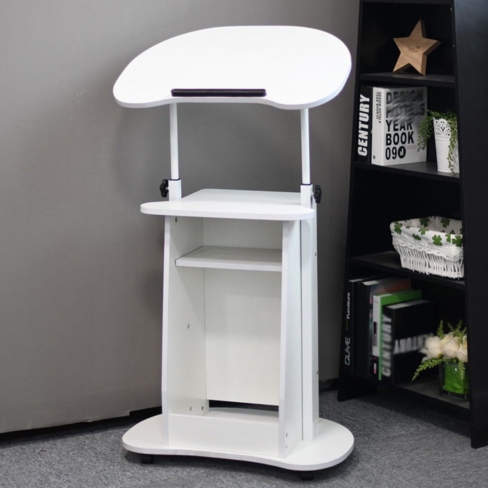 DUANHOZ Height Adjustable Mobile Laptop Stand with Storage Shelf - Sit-to-Stand Desk for Speaking Lectern, Portable Podium with Tilting Desktop