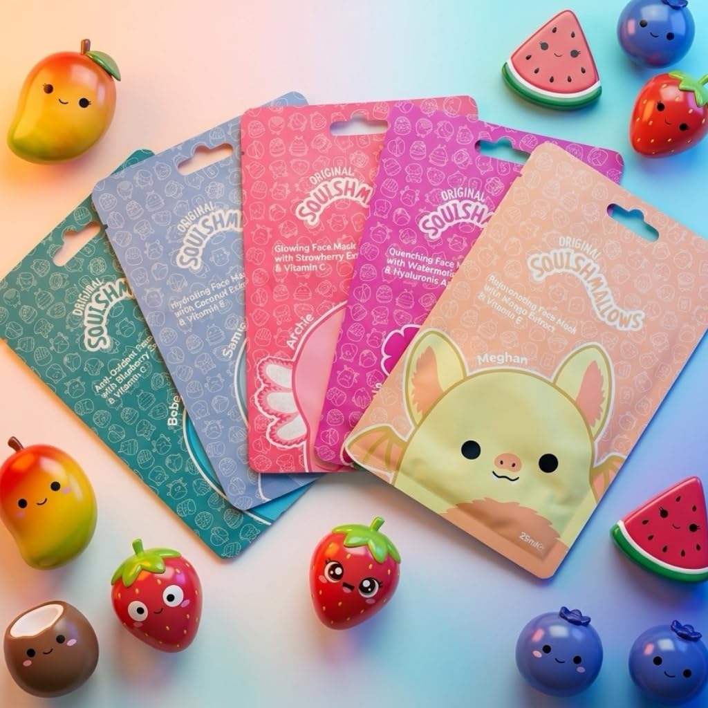 5-częściowy zestaw maseczek do twarzy Squishmallows - kokos, truskawka, mango, jagoda i arbuz, idealne na nocowanie dla dziewcząt lub zabawne piżamy.