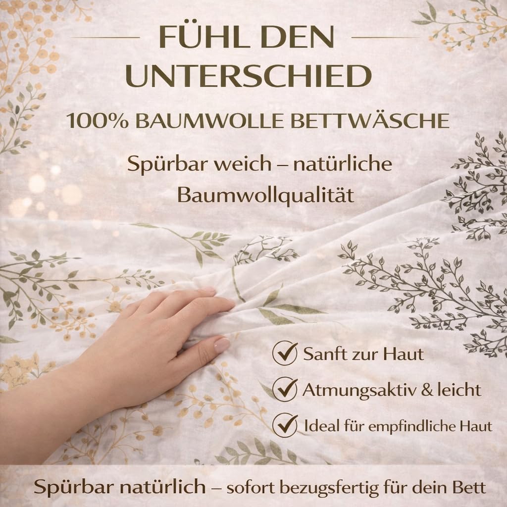 MALIKA Baumwolle Bettwäsche 135x200 4-teilig - 2X Bettbezug 135x200 & 2X Kissenbezug 80x80, Oeko-TEX geprüft, Bettwäsche Set mit Reißverschluss, Atmungsaktiv & Pflegeleicht, Natural Garden
