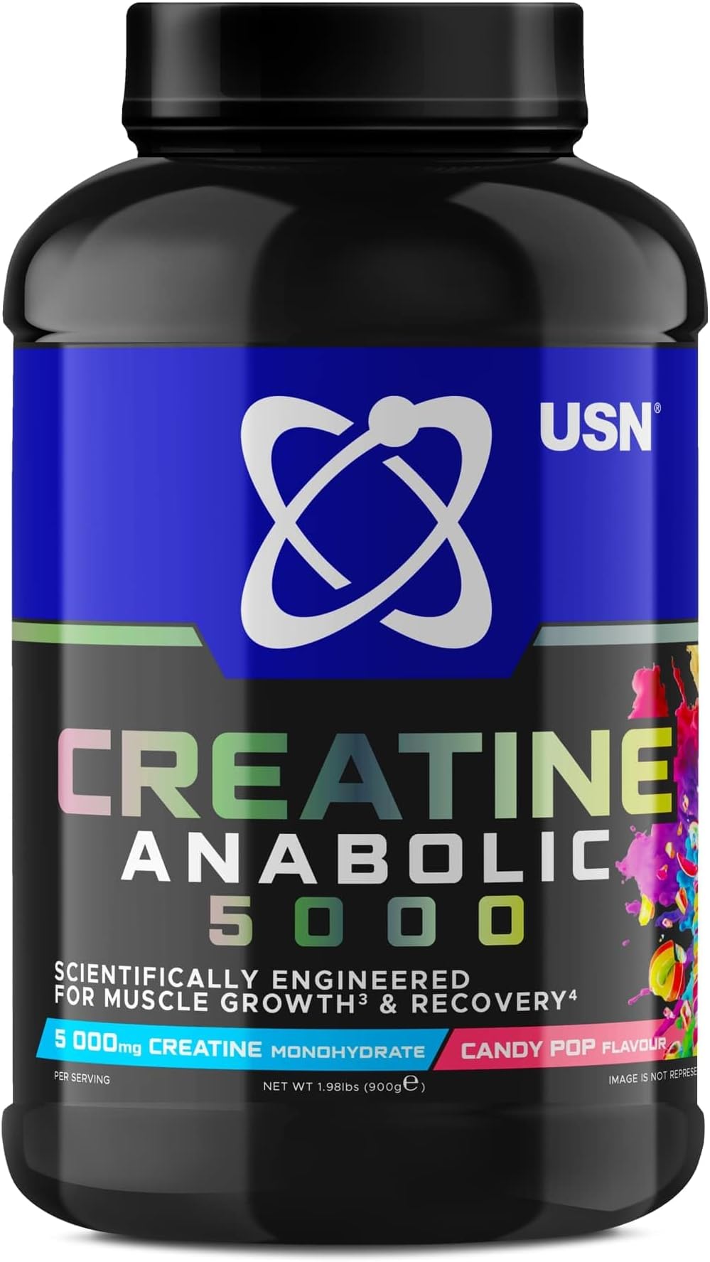 USN Creatine Anabolic 5000 – All-in-One Muscle Growth & Recovery Powder, 5000mg Creatine Monohydrate + 3000mg BCAAs, Low Sugar, Candy Pop Flavour, 900g (30 Servings)