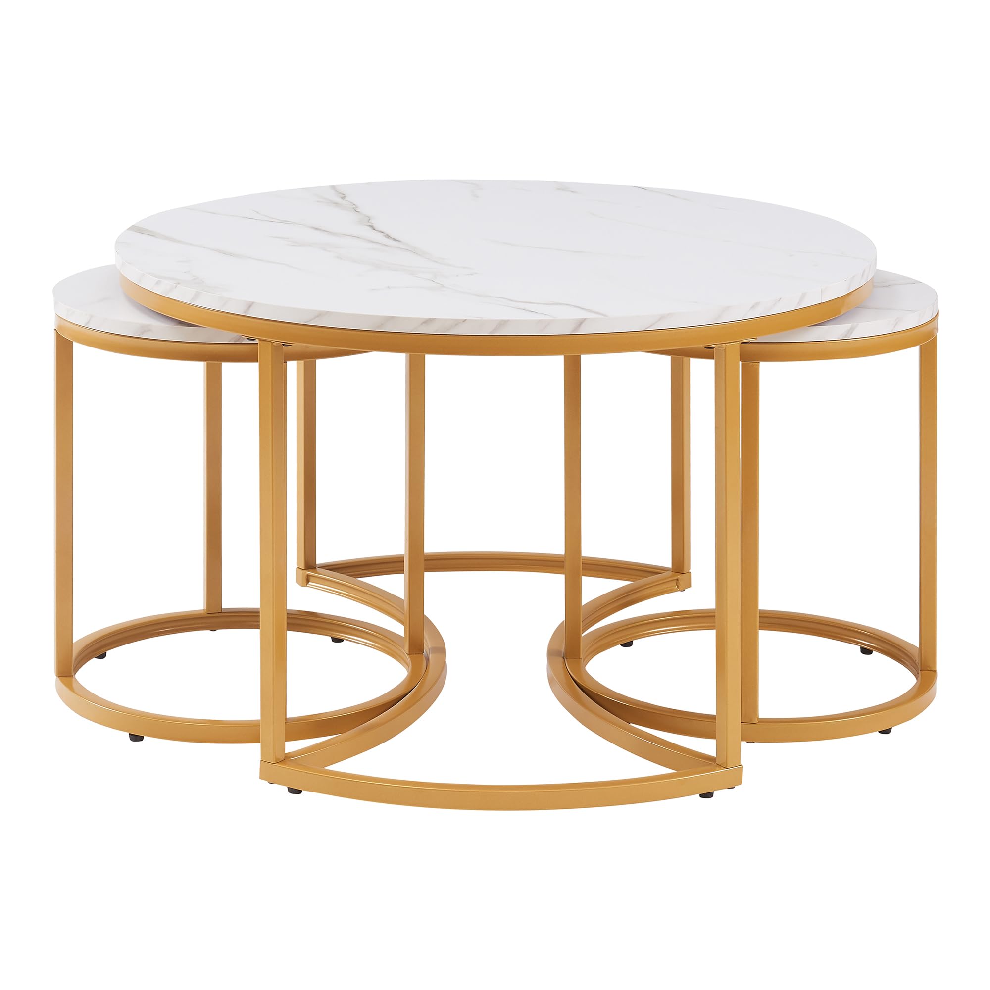 [en.casa] Set di 3 Tavolini Sovrapponbili Tavoli Bassi da Salotto con Piano Rotondo Tavolini da Caffè in Misure Diverse Base Circolare e Semicircolare in Metallo - Effetto Marmo Bianco/Oro