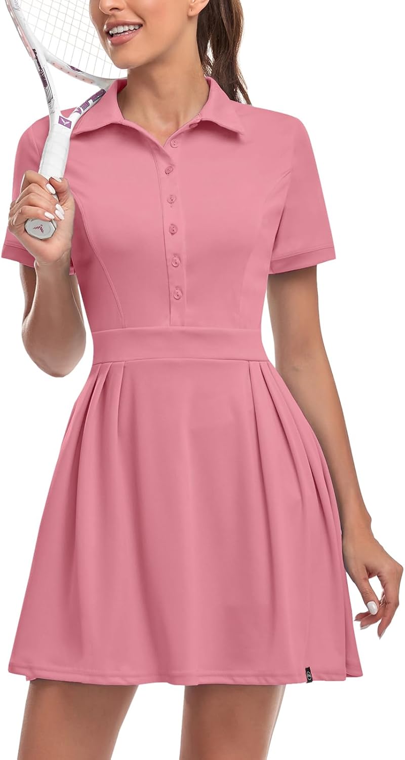Soneven Women Polo Golf Tennis Dress Built in Shorts Short Sleeve Workout Athletic Pleated Dresses with Pockets X-Large 127-pink
