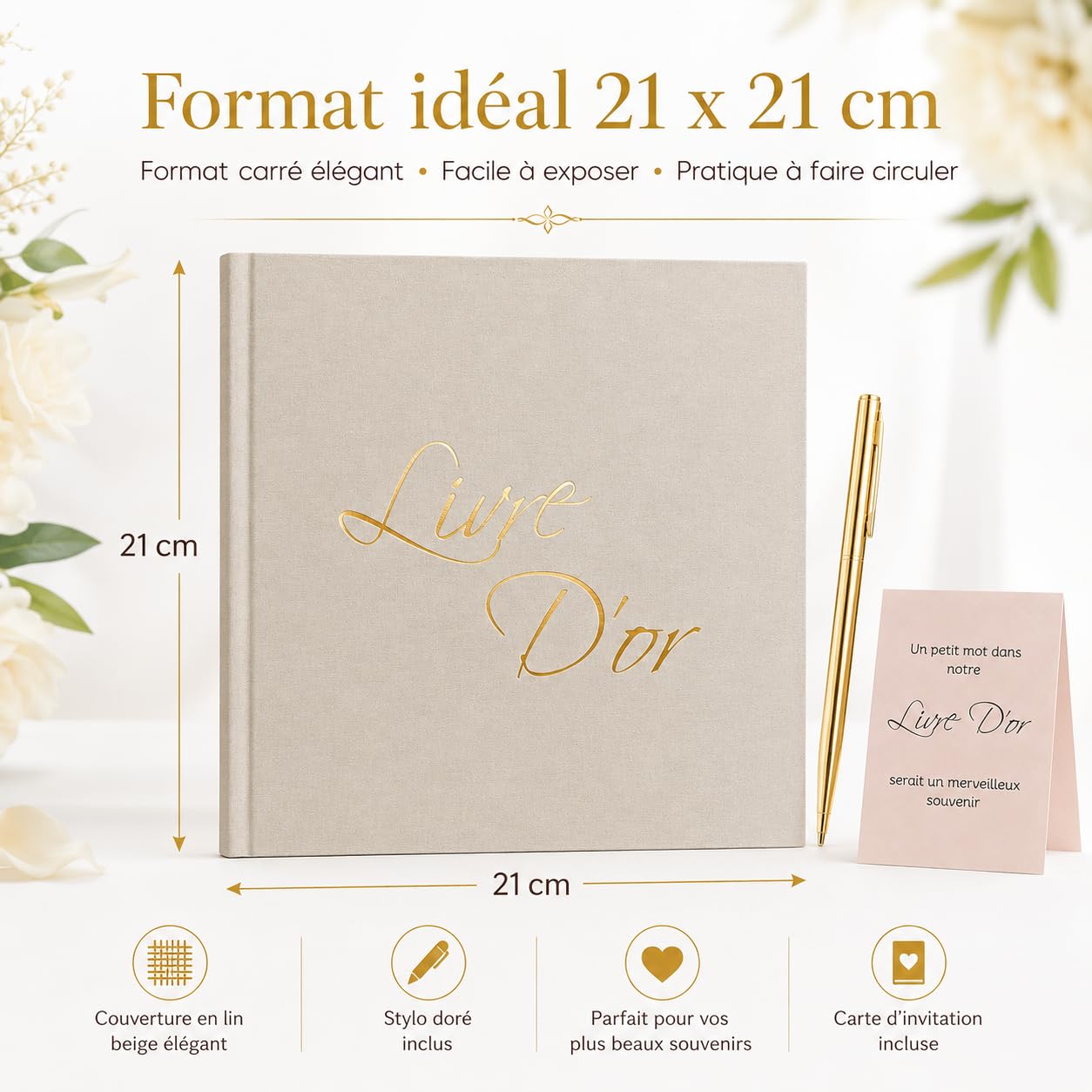 Livre d'Or Lin Beige 21x21 cm 100 Pages Blanches Stylo et Affiche Mariage Anniversaire Baptême
