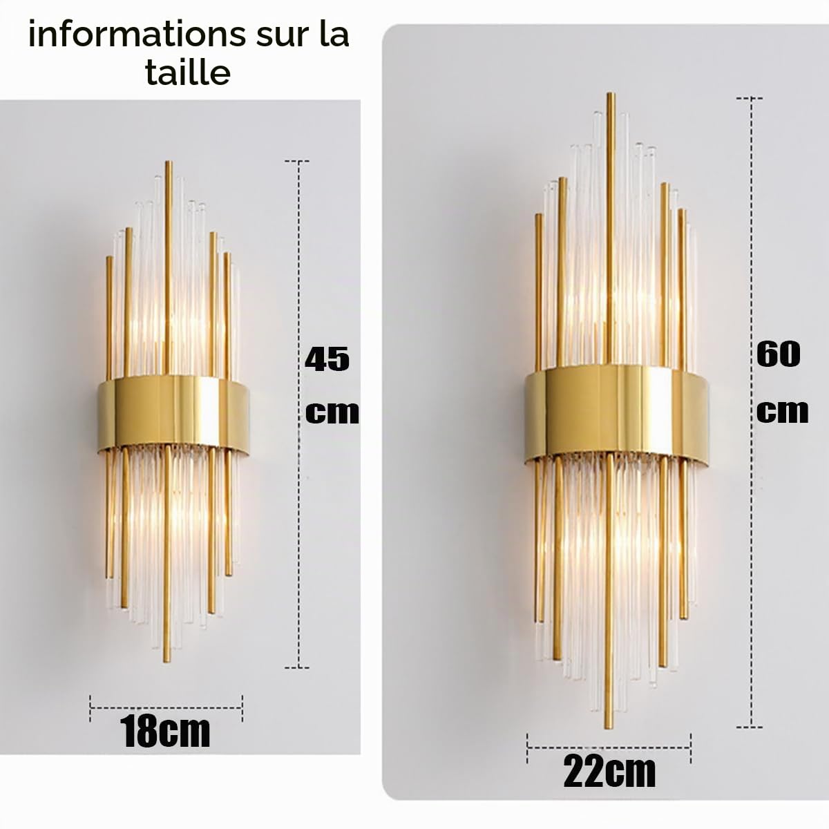Applique Murale à Base dorée en Cristal E14,Luminaires Muraux Modernes en Cristal,Appliques Intérieure pour Chambre, Salle de Bain, Couloir, Entrée (45cm)