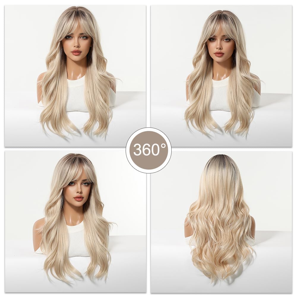 Esmee Parrucche Lunghe Ondulate con Ombre Biondo per Donne con Frangia Capelli Sintetici Naturali per Uso Quotidiano e per Feste