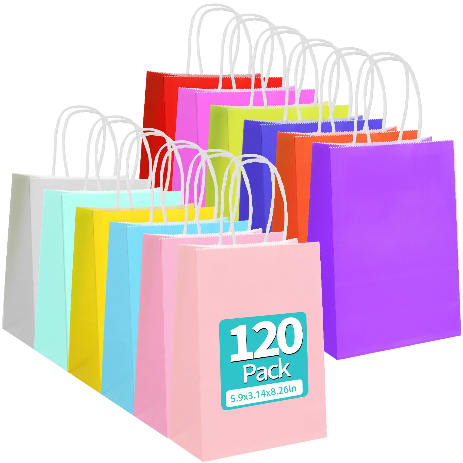 120 PCS Paper Gift Bags, 5.9x3.1x8.3 in Colored Paper Bags with Handles Small Gift Bags Bulk Party Favor Bags for Kids Birthday Baby Shower Wedding Stocking Stuffers(12 Colors)