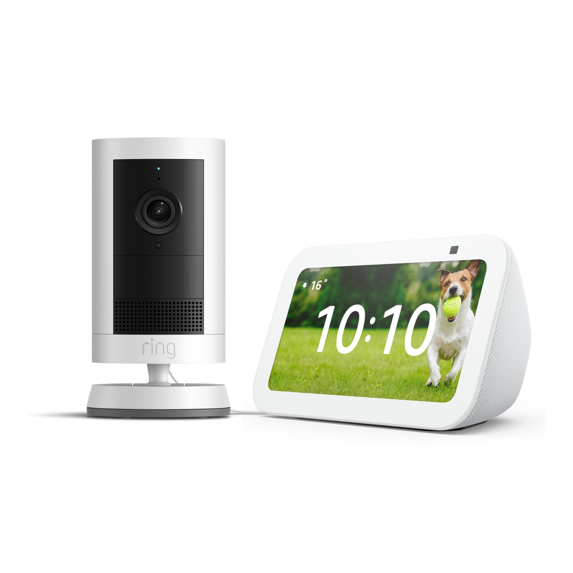 Echo Show 5 (Última generación), Blanco + Ring Cámara exterior Plus con batería, Blanco, ve tu cámara en el Echo Show, con Acceso Anticipado a Alexa+