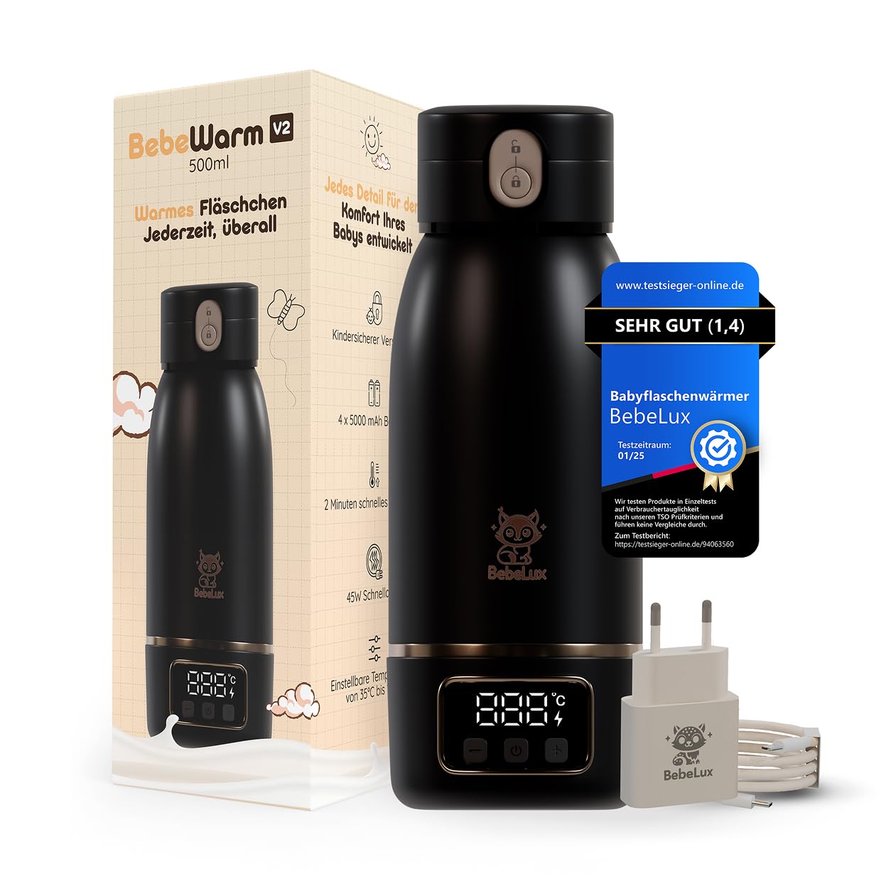 BEBELUX V2 Babyflaschenwärmer – In 2 Min perfekte Temperatur für bis zu 500 ml Milch, Muttermilch & Wasser|15 Flaschen pro Ladung | BPA-frei & Sterilisation bis 100 °C |35–100 °C einstellbar(Schwarz)
