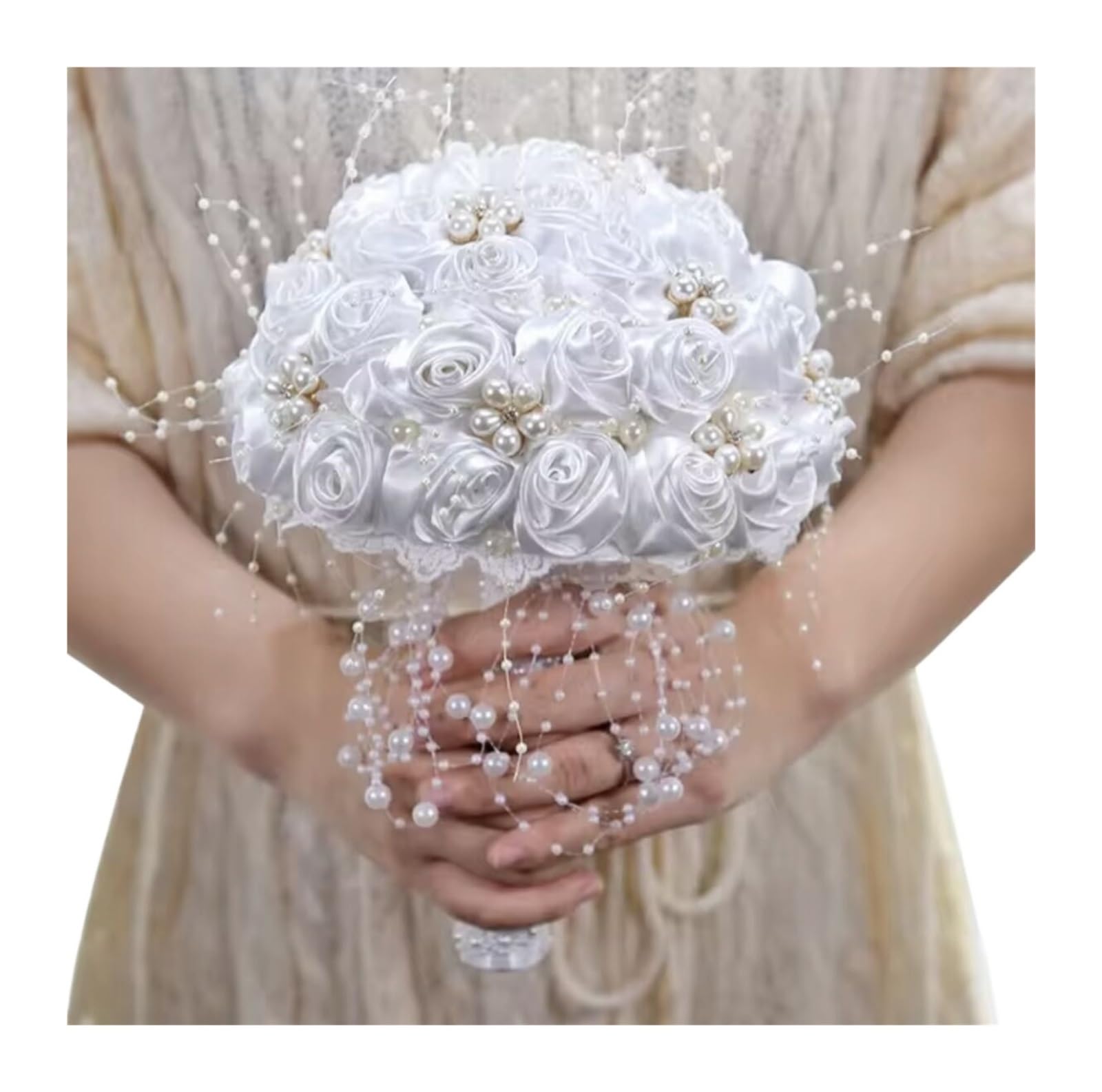 ZGCrumphant Artificial Wedding Bouquet Beautiful Artificial Rose Ribbon Flowers Pearls Beaded Bridal Bouquet Bridesmaid Wedding Bouquets(White)