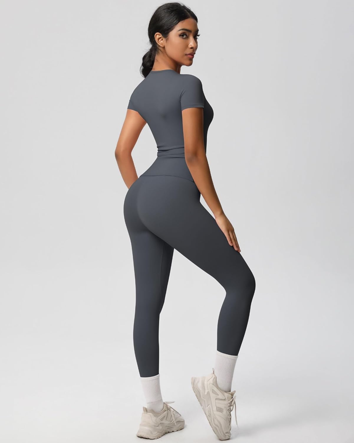 Yoga Sets for Women 2 Piece High Waist Butt Lift Leggings Slim Fit Round Neck Short Sleeve Gym Work Out Clothes
