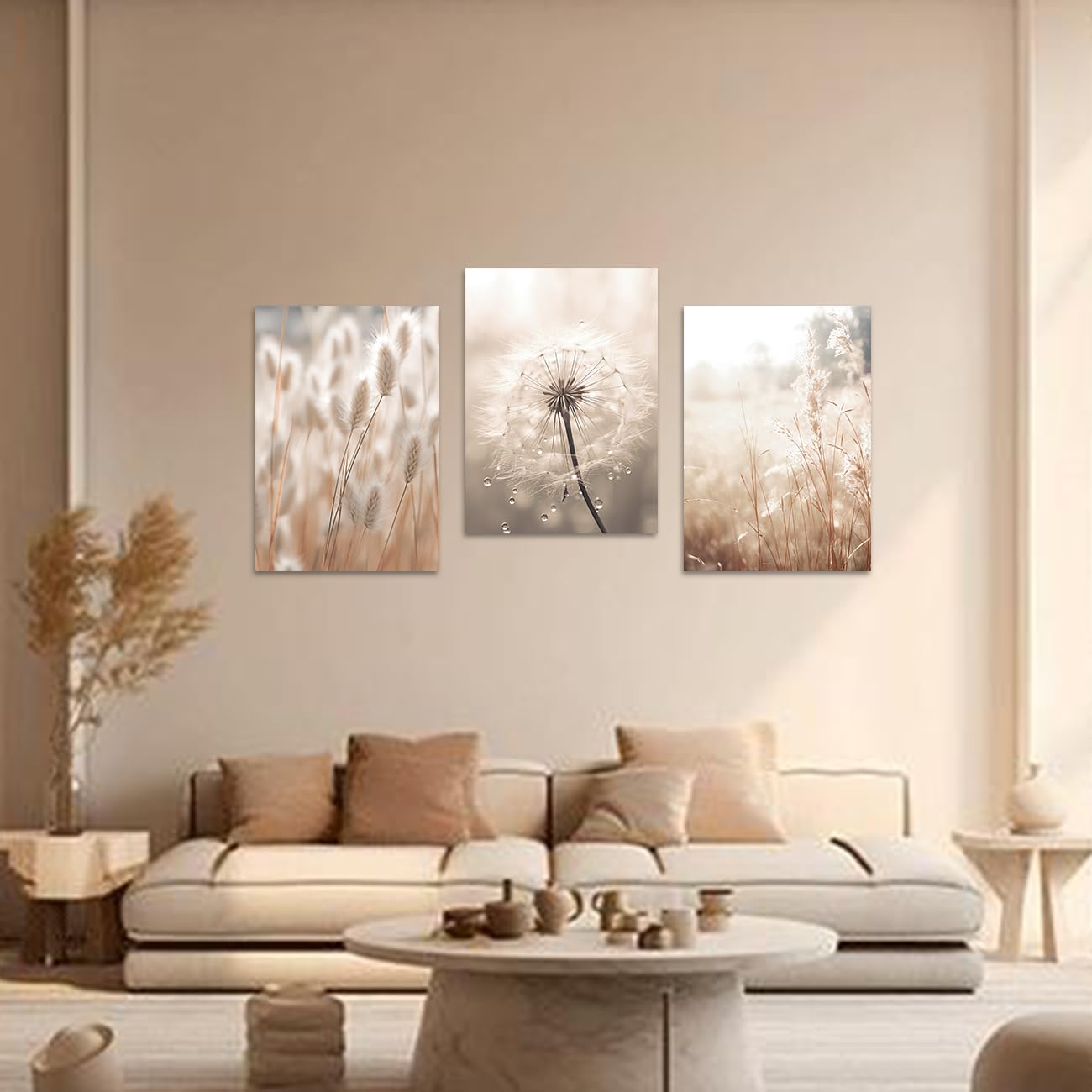 CXHOSTENT Dandelion Canvas Wall Art 3 Piece Beige Botanical Dandelion Reed Grass Painting Prints Nordic Posters Nature Plant Wildflower Picture (Nature-2 - Image 2