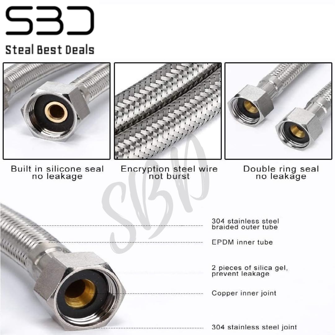SBD 48" Inch Stainless Steel Connection Pipe for geyser | Connection Pipe for Faucet | Geyser Inlet Pipe | Geyser Outlet Pipe | Hose Pipes - Pack of 2