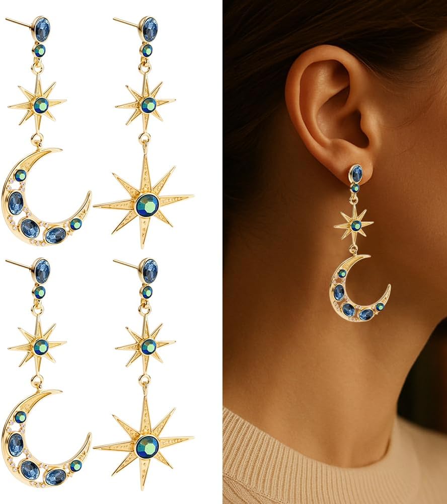 4Pcs Moon Star Earrings Moon Star Dangle Drop Planet Earrings Rhinestone Crescent Long Stud Earring Celestial Asymmetry Earring Fashion Valentines Day Gift Jewellry - Image 6