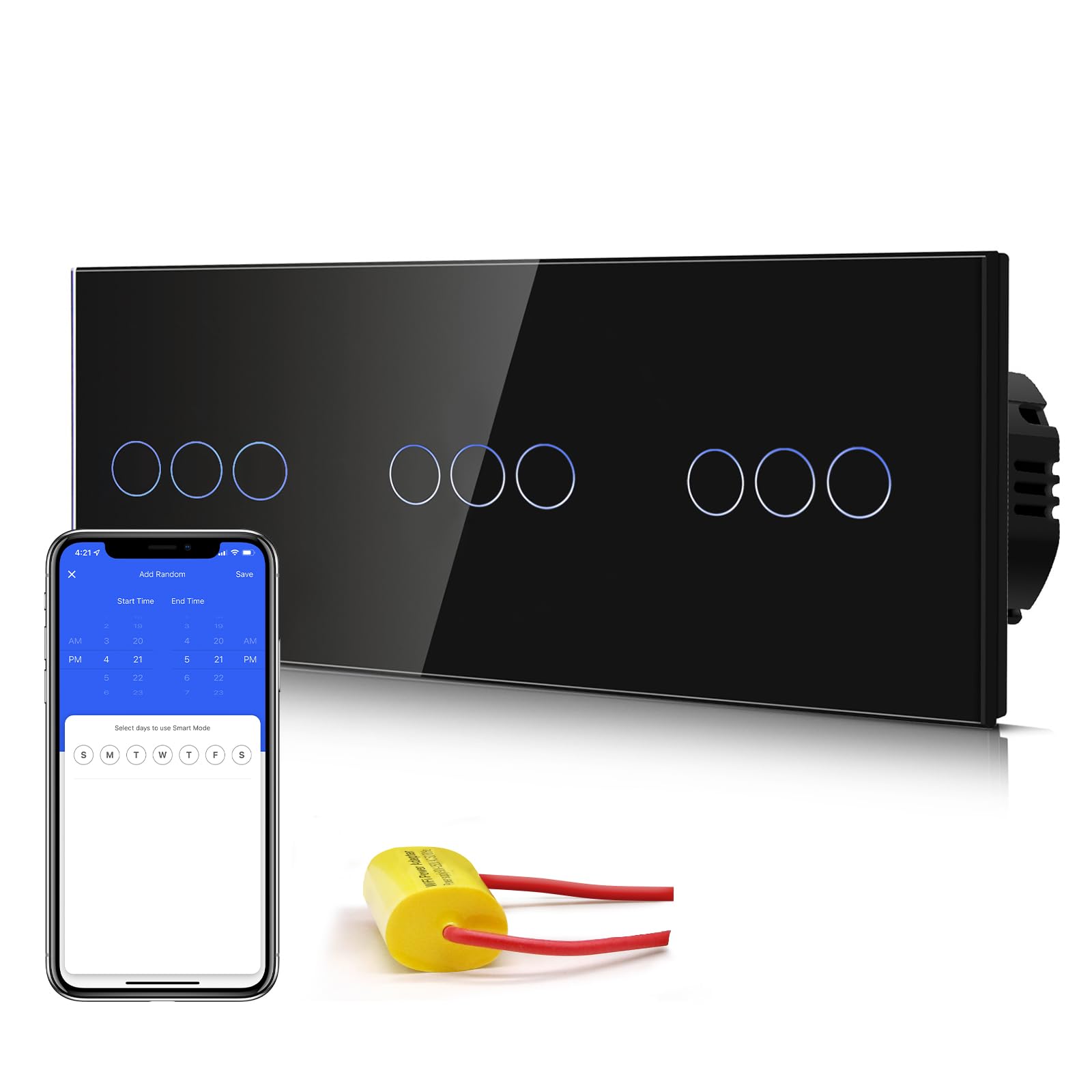 BSEED Interruttore della luce WiFi Smart Alexa senza conduttore neutro, interruttore touch WIfI in vetro, Alexa e Google Home Work con Tuya, 3 scomparti + 3 scomparti + 3 scomparti 228 mm, nero