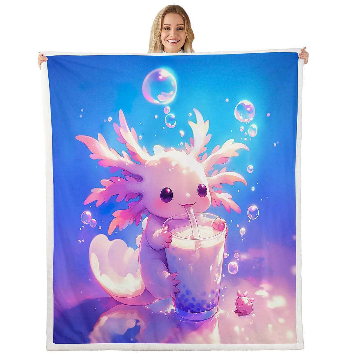 Homemissing Kids Cute Axolotl Fleece Throw Blanket 40x50Inch Cartoon Salamander Drinking Fuzzy Blanket for Bed Sofa Couch Kawaii Ocean Sealife Room Decor