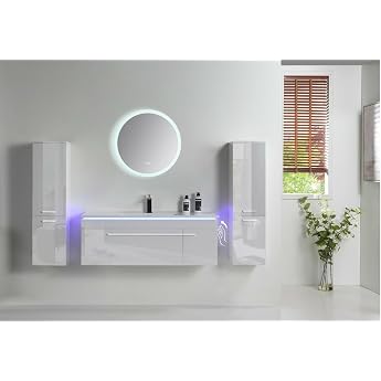 Bathroom Furniture Set 90 cm White Round Mirror 2 Side Cabinets