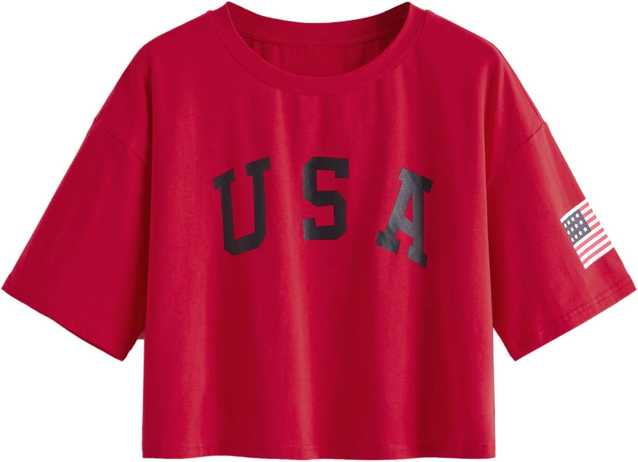 SweatyRocks Women's Graphic T Shirts Letter Print Flag Short Sleeve Casual Crop Tops