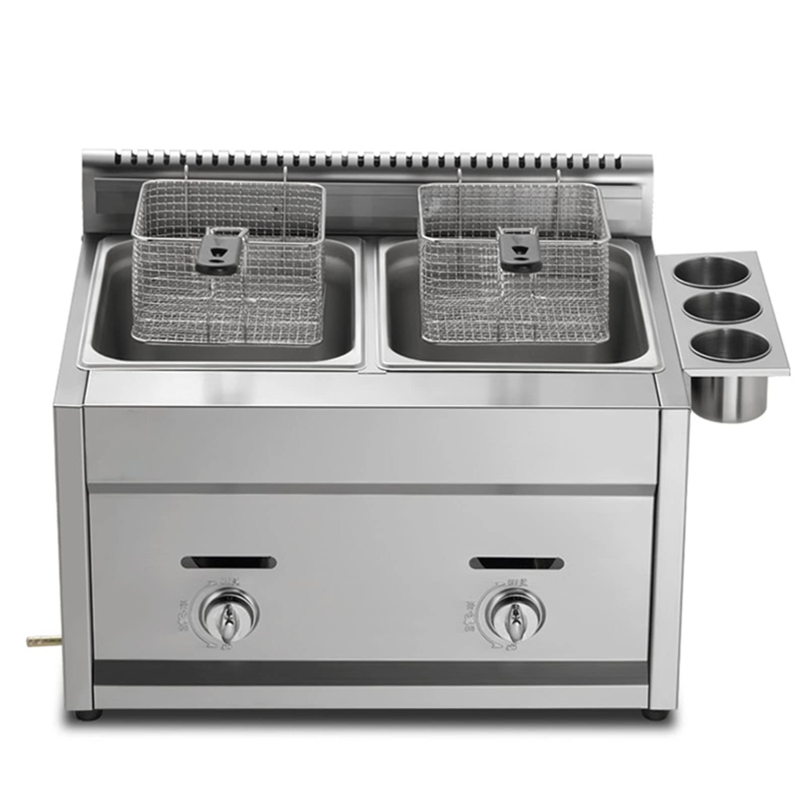 Freidora de gas LPG de 22 litros de doble tanque comercial de acero inoxidable grueso con cestas y tapas, potencia de fuego ajustable y control de temperatura para uso doméstico y comercial