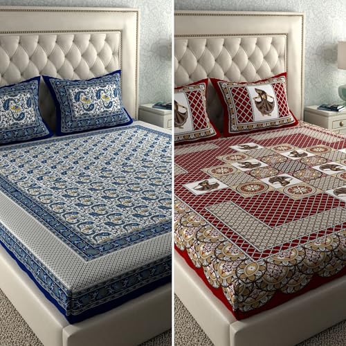 Image of LA VERNE Combo Pack of 2 Double Bedsheet with 4 Pillow Covers | Cotton Double Flat 104 TC Jaipuri Prints Bedsheet Size 240 X 220 CM (Blue,Red)