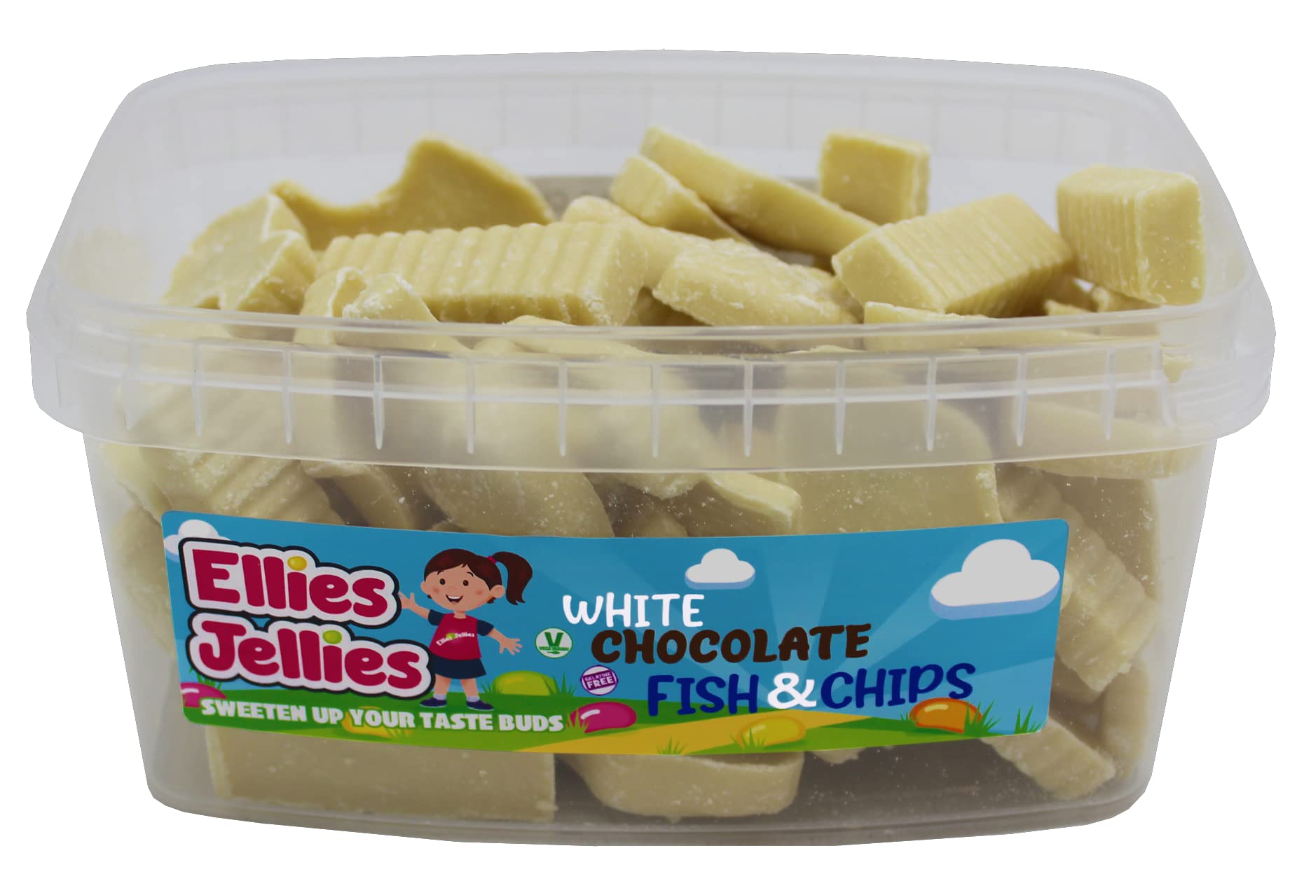 Ellies JelliesWhite Chocolate Fish and Chips-607g Rectangle Tub-Milk Chocolate-Retro Sweet