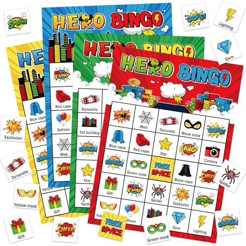 Shappy 35 Pcs Hero Party Bingo Games 24 Players Hero Cards Cartoon Comic Birthday Bingo Game for...