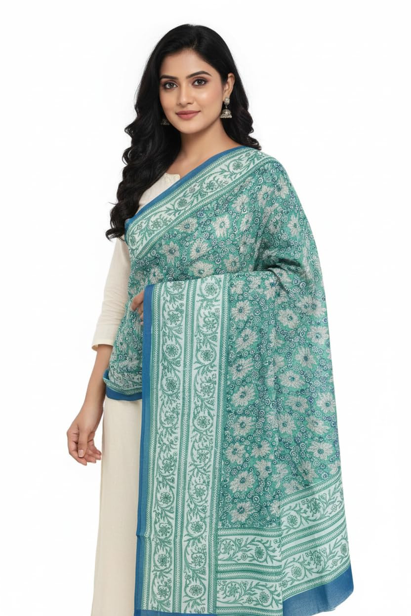 Teal Blue Mul Cotton Dupatta | Sanganeri Daisy Floral Block Print | 250x120cm – ISYVSK-A15-image-23