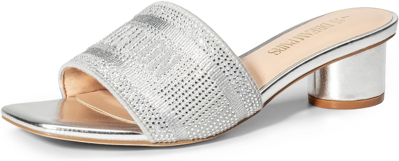 DREAM PAIRS Women's Square Open Toe Slip on Heels for women Low Block Chunky Heeled Sandals Slide Sandals Comfortable Casual Fashion Pumps Shoes 10 Silver-rhinestone
