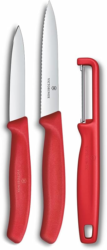 Juego de cuchillos de pelar Swiss Classic, acero inoxidable y pelador, 3 piezas | El juego de cocina rojo de 3 piezas incluye un pelador universal, un cuchillo de pelar puntiagudo y un cuchillo de mesa y tomate con borde ondulado, fabricado en Suiza.
