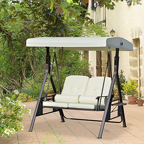 Image of Outsunny 2-Person Patio Swing Bench with Adjustable Shade Canopy, Soft Cushions, Throw Pillows and Tray, Beige.