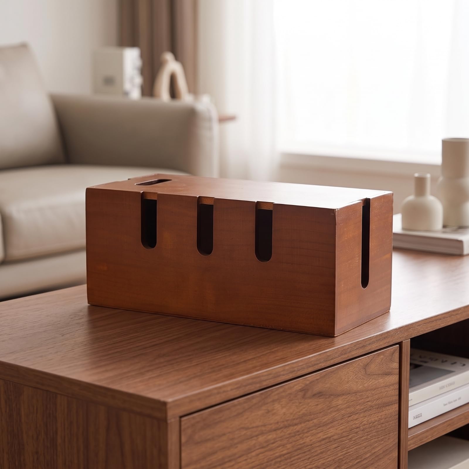 Qianly Scatola Passacavi da Scrivania in Legno | Passacavo, Scatola per Multipresa con Coperchio, Comodino, Bianco, L