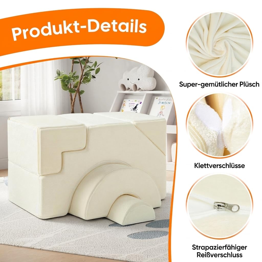 MeMoreCool Kindersofa Beige Fuer Leseecke Kinderzimmer, Ausklappbares Spielsofa mit Sitz- und Liegefunktion, Weiches Schaumstoff Mini Sofa mit Abnehmbarem Bezug ab 1 Jahr