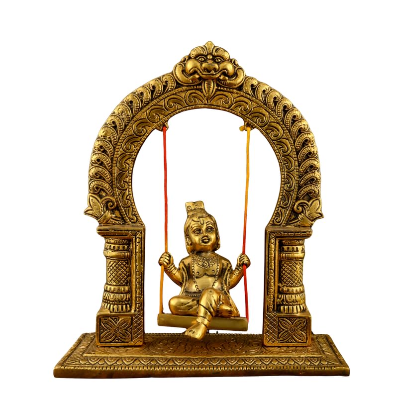 Image of White Metal Krishna on Swing Jhula 7.9 - Golden | Oxidized Bal Gopal for Temple & Home Home | Durable Material | Ideal for Home Decor | Perfect for Gifting