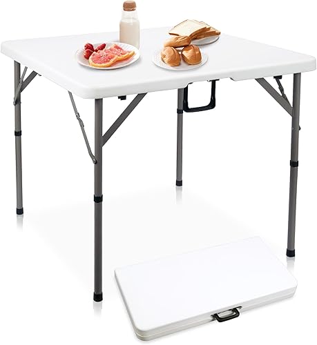 Mesa plegable cuadrada de 34 pulgadas, plegable por la mitad, mesa portátil de comedor resistente de polietileno de alta densidad de plástico blanco