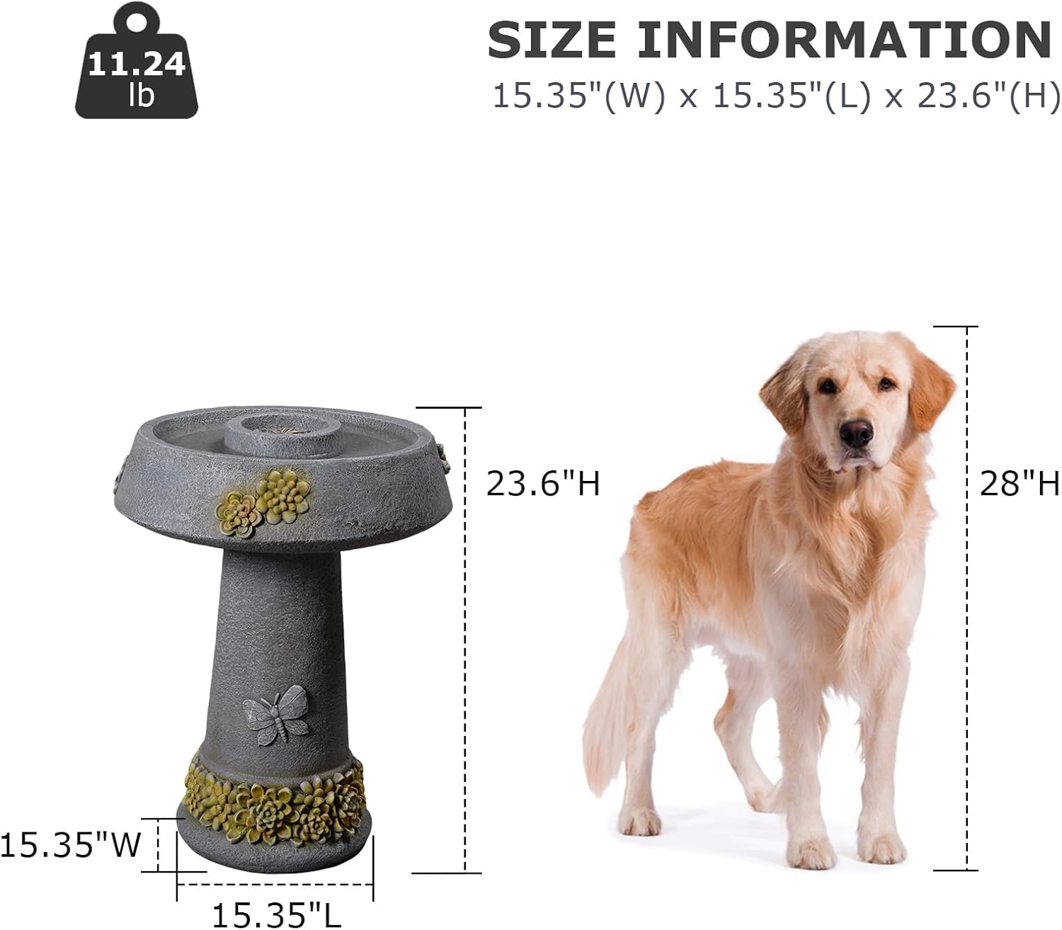 Bird Baths for Outdoors,23.6''H Outdoor Water Fountain Bird Bath & Feeder – Removable Feeding Bowl, Stone-Like Resin with Butterfly & Succulent Decor for Garden Yard Patio Porch Lawn Backyard