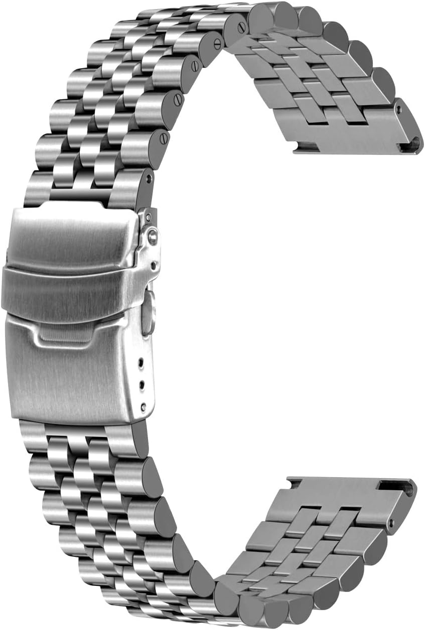 Super Brushed & Polished 3D Solid Silver Stainless Steel Watch Bracelet Band 20mm 22mm 24mm Security Double Deployment Buckle