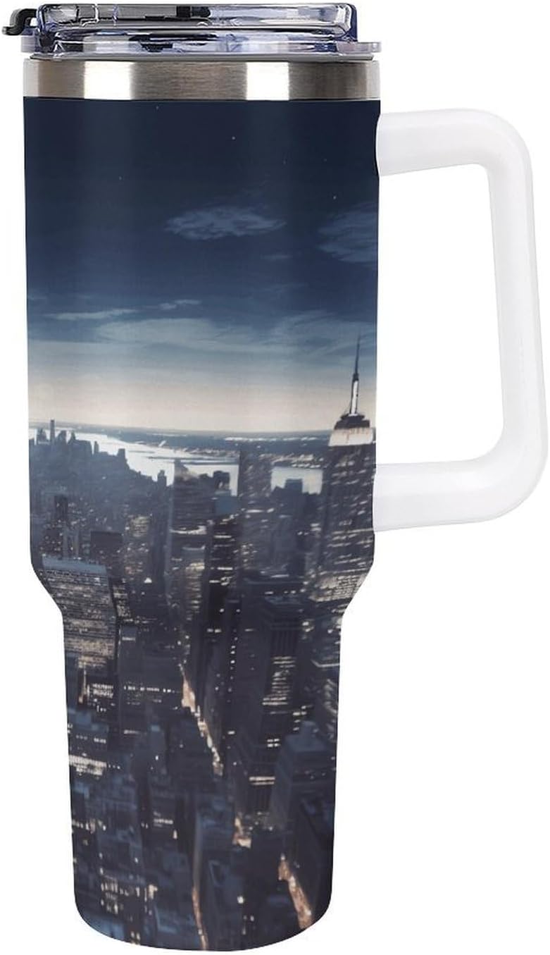 New York City Travel Coffee Mug Reusable Durable Stainless Steel Insulated Tumbler with Handle And Straw Leak Resistant Portable Thermal Cup Gifts for Men Women 40 Oz