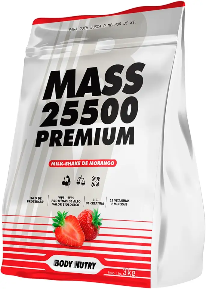 Hipercalórico Mass 25500 3kg Anticatabólico 34g de proteínas 26 vitaminas e minerais com 3g de creatina (Milk Shake de Morango)