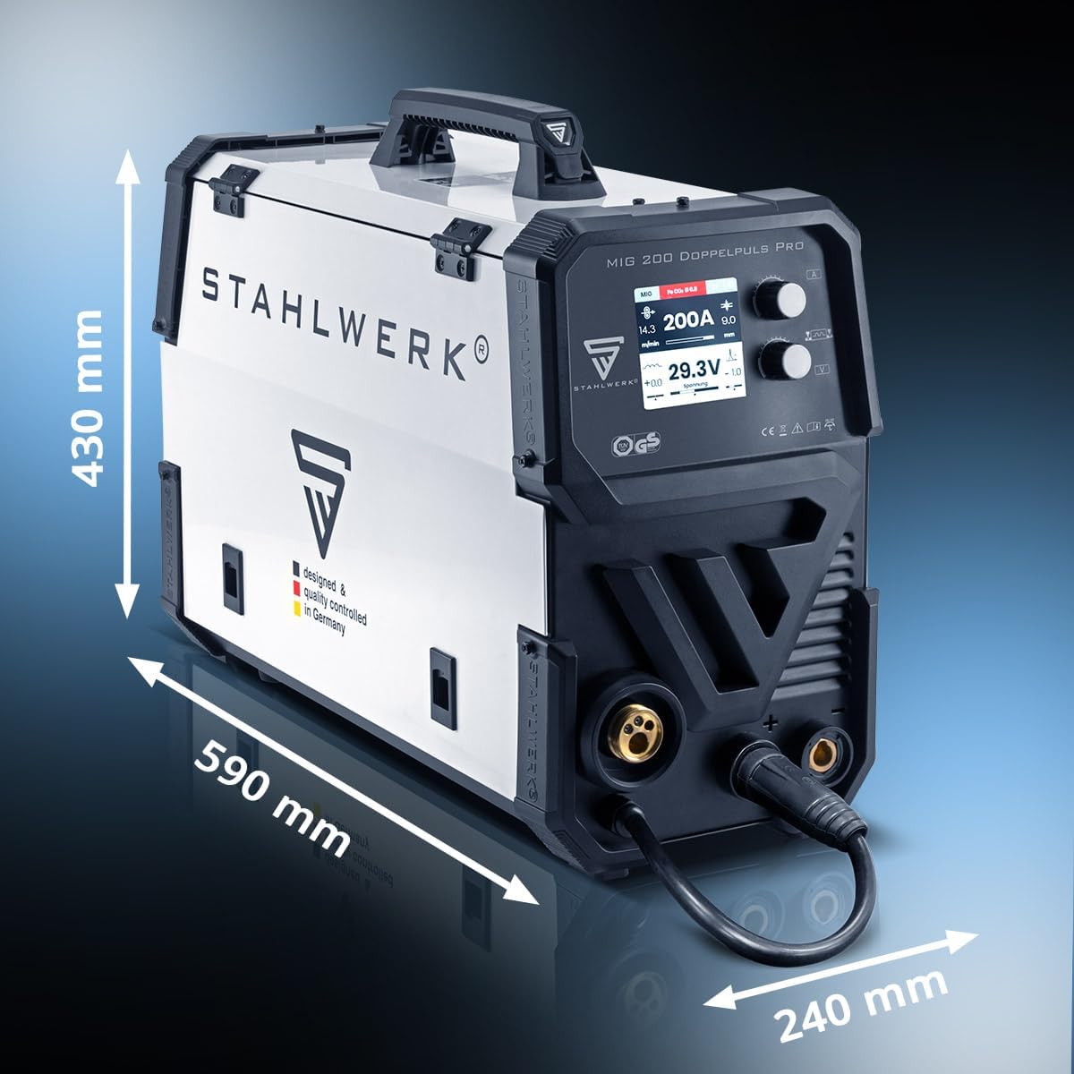 STAHLWERK MIG/MAG 200 Double Pulse Pro with dimensions labeled