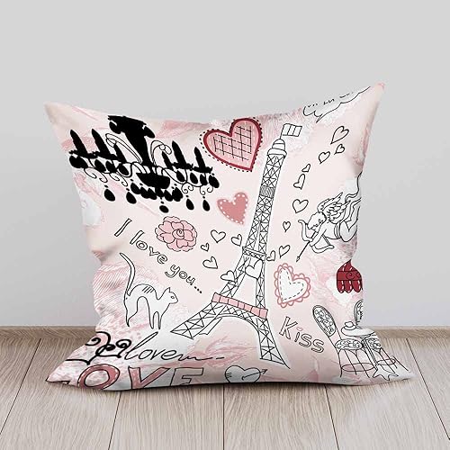 Miniatura 3 de Beabes Juego de 2 fundas de almohada rosas con diseño de garabatos de París, románticas Torre Eiffel francesa y divertida flor de Cupido, corazón,