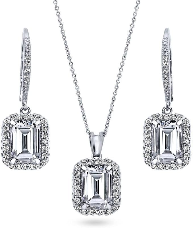 Juego de collar y pendientes de plata de ley con circonita cúbica de talla esmeralda y halo para mujer, chapado en rodio
